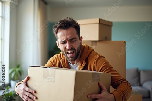 Photo of mover straining under the weight of heavy boxes, illustrating the physical strain of lifting and transporting.