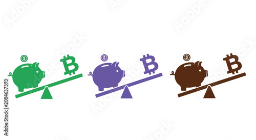 Colorful piggy bank balance scales illustration featuring Bitcoin symbols.