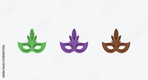 Trio of colorful masquerade masks in green, purple, and brown on light background.