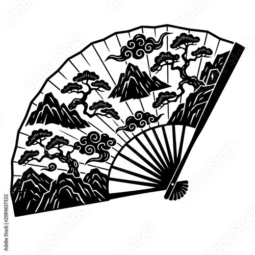 Fotografie Decorative folding hand fan in black and white featuring traditional landscape w