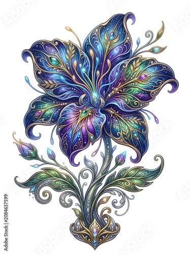 Vibrant blue and green abstract floral illustration.