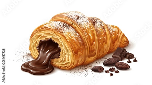 Delicious Chocolate Croissant with Powdered Sugar and Chocolate Chunks.
