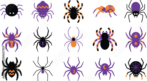 Tableau sur toile Minimalist Halloween spider icon set featuring cute spooky arachnid characters f