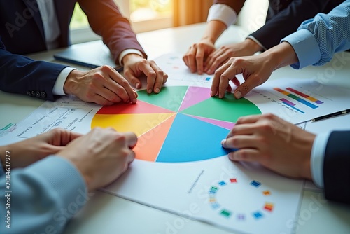 Collaborative Team of Business Professionals Piecing Together a Colorful Pie Chart