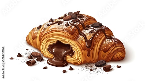 Delicious Chocolate Croissant with Melted Chocolate Drizzle and Chocolate Chips.