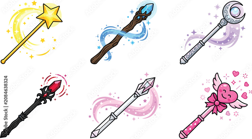 Obraz premium Fantasy magic wands vector set featuring star wand druid branch scepter silver crescent ruby staff crystal wand and pink anime heart stick