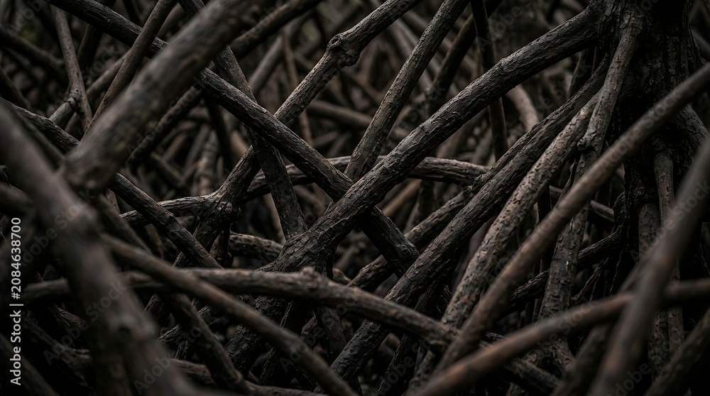 Fototapeta premium Intricate network of dark tangled roots and branches forming a dense natural pattern.