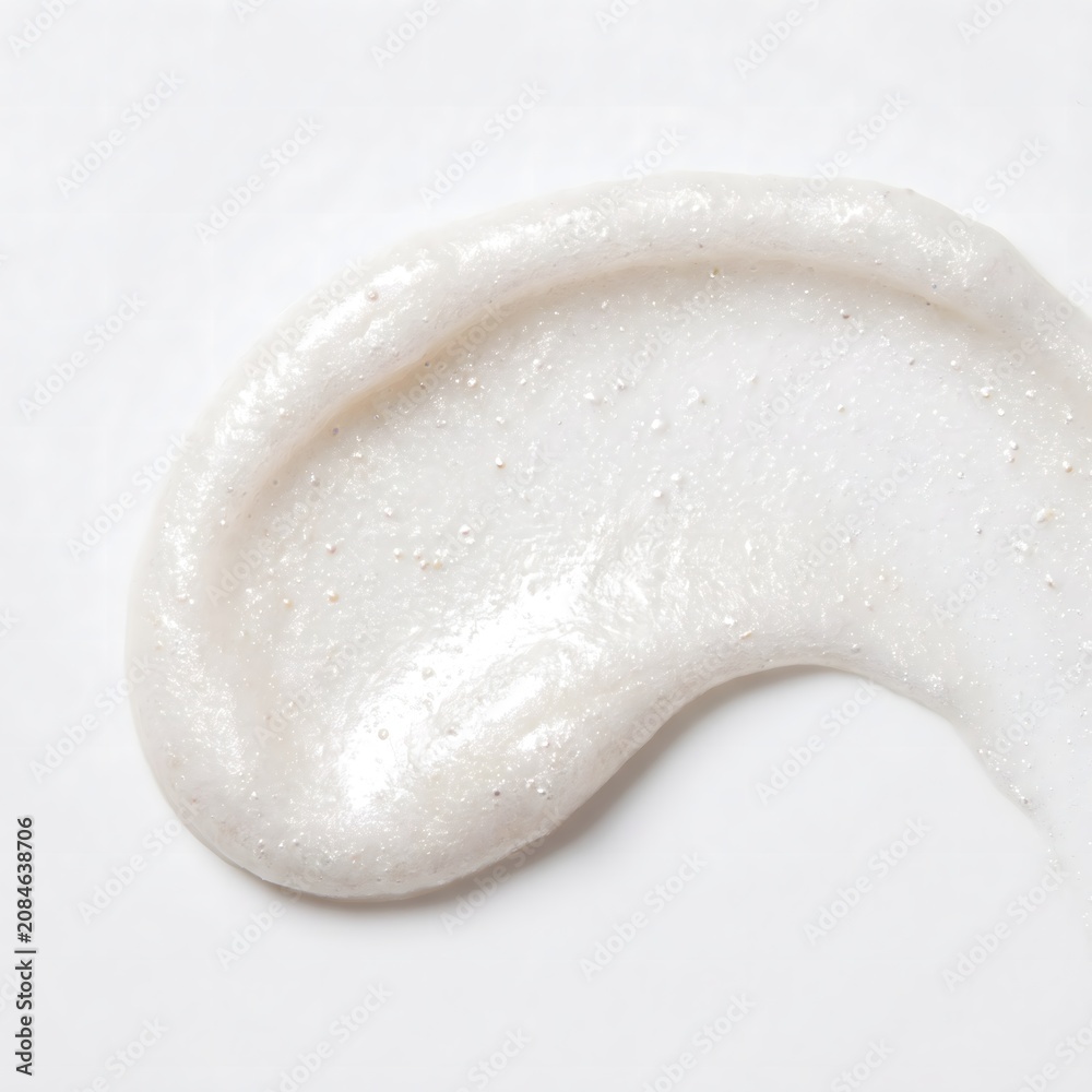 Obraz premium A thick creamy white cosmetic face scrub smear with tiny exfoliating particles captured in bright studio lighting from above view