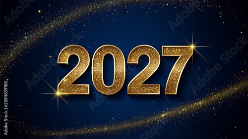 Glittering gold number 2027 on deep blue background with magical sparkles and light waves.