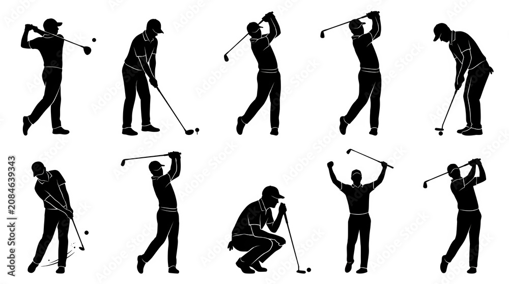 Naklejka premium Golf Player Silhouette Set Featuring Swing, Drive and Putting Action Poses