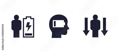 Fotografie burnout, fatigue icons with low battery, person and head