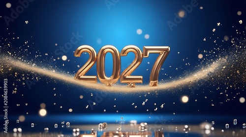 Minimalist gold 2027 balloon style numbers floating over blue backdrop with sand like dust.