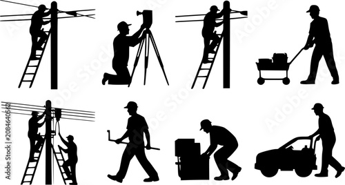 Black vector silhouette icon set of construction maintenance workers performing various tasks with ladders tools and equipment illustrations