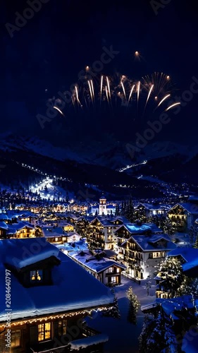 Fireworks over snowy mountain village at night