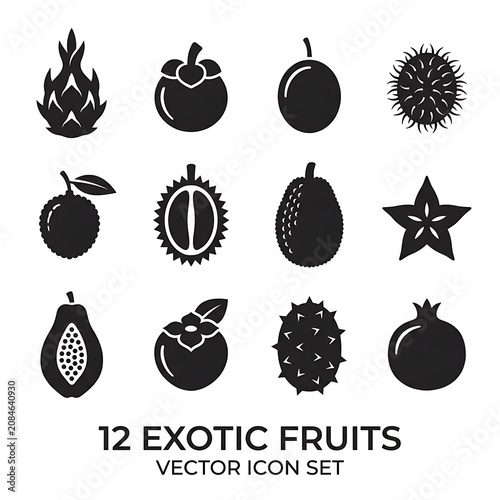 Twelve exotic fruits vector icon collection.