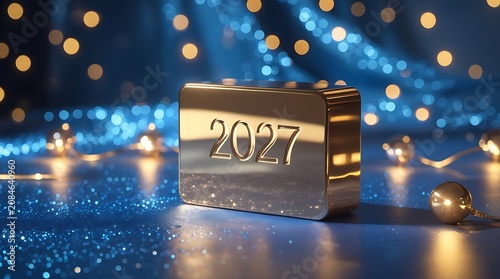 Engraved 2027 on gold bar block sitting on blue festive surface with round holiday bubbles.