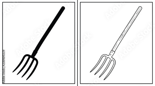 Foto Pitchfork Agricultural Tool Flat Vector Illustration in Black Silhouette and Out