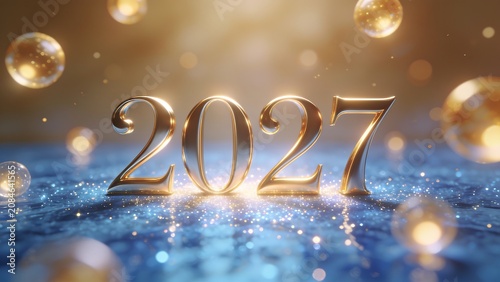 Shiny golden 2027 numbers on blue sparkling background with elegant floating glass bubbles.