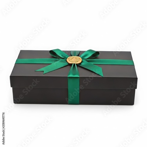 Black gift box with green ribbon bow and gold seal, closed