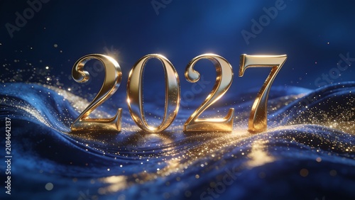 Golden 2027 numbers on dark blue silk fabric background with glowing stardust and sparkles.