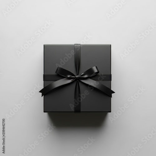 Black gift box with ribbon bow, isolated on gray background
