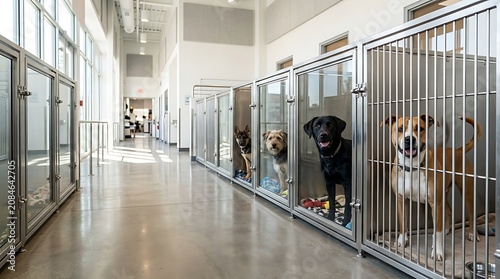 Dogs waiting in clean modern animal shelter kennels for adoption