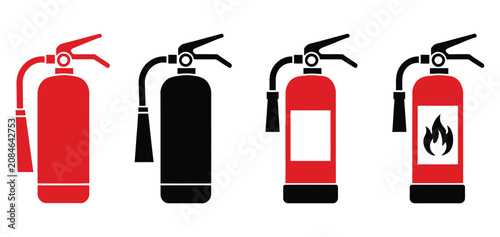 Quadro su tela Minimalist Fire Extinguisher Icon Set, design variations of safety equipment symbols, emergency prevention pictogram collection, hazard awareness, fire protection and clean vector illustration