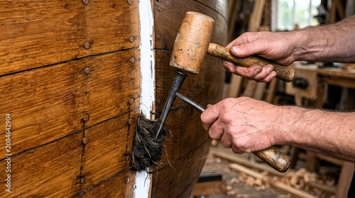 A carpenter caulking the wooden planks of a boat hull with oakum and a mallet in a workshop
