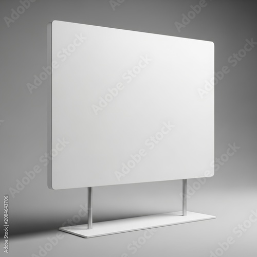 Blank white display panel on a stand, isolated on gray background