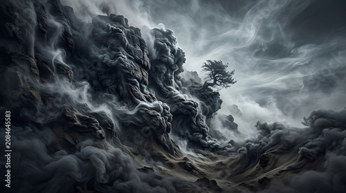 Dramatic stormy mountain peak landscape.