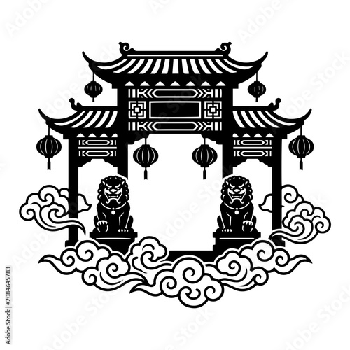 Tableau sur toile Traditional chinese temple gate silhouette with guardian lion statues, hanging l