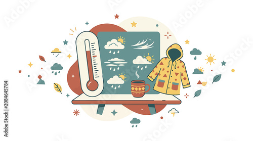 Canvastavla Autumn weather forecast illustration with thermometer raincoat and hot beverage icons