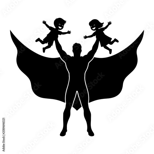 Silhouette of a superhero father figure wearing a flowing cape and holding a small boy and girl up in the air with outstretched arms