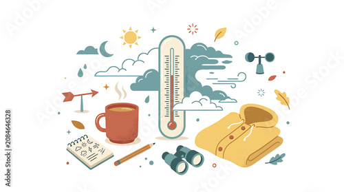 Cuadro en lienzo Meteorology and Weather Forecasting Concept Illustration with Thermometer and Outdoor Gear