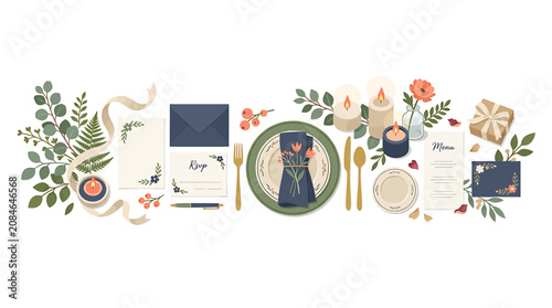 Elegant Wedding Table Setting with Floral Decor Candles and Stationery Illustration.