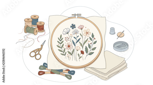 Embroidery hoop with floral pattern surrounded by sewing tools and colorful thread spools.