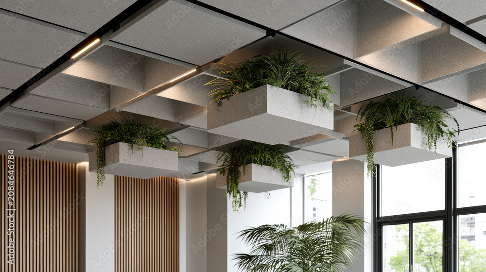Naklejka premium Modern office ceiling design with suspended planter boxes, geometric panels, natural light, and green plants for fresh, inviting atmosphere