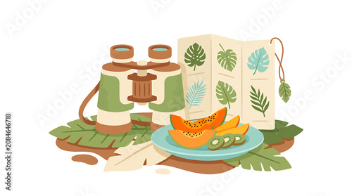 Tropical adventure set with binoculars botanical guide and fresh fruit plate on jungle leaves.