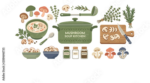 Foto Mushroom soup kitchen illustration set with cooking pot bowls and fresh ingredients