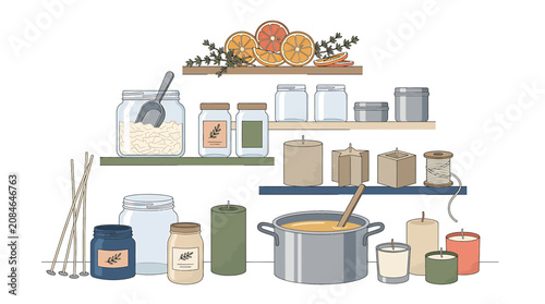 Handmade candle making workshop with jars wax pots and aromatic ingredients on shelves.