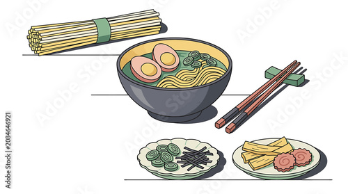 Japanese Ramen Noodle Soup with Boiled Eggs Chopsticks and Side Dishes Illustration.