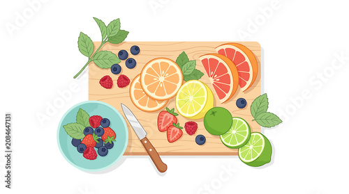 Top view illustration of sliced citrus fruits and berries on a wooden cutting board with a knife.
