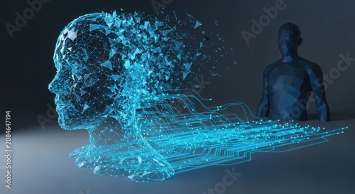 Blue digital human head made of glowing data particles and network lines