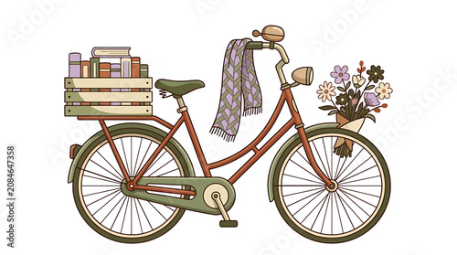 Vintage style bicycle with wooden crate of books and flower basket illustration.