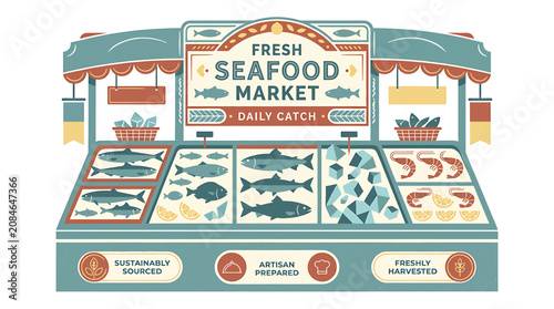 Photos Vintage style fresh seafood market stall illustration with daily catch fish and shrimp