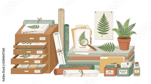 Konstfotografi Vintage botanical collection with wooden specimen drawers fern leaves and scientific research tools