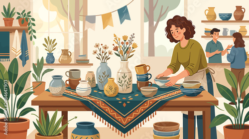 Tableau sur toile Woman arranging handmade ceramic pottery and vases on a wooden table in a cozy sunlit studio