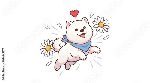 Obraz na plátně Happy white fluffy cartoon dog with blue bandana and flowers