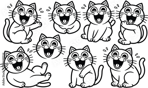 Set of cute happy cartoon cats laughing in various poses line art with laughing