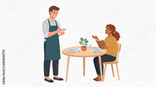 Waiter taking order from customer at restaurant table with menu and plant